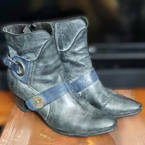 Vintage Distressed Gray-Blue Genuine Leather Ankle Boots Made in Portugal